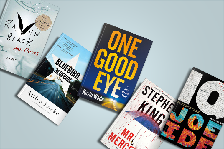 Five mystery and thriller novels are arranged on a light blue background, angled slightly.