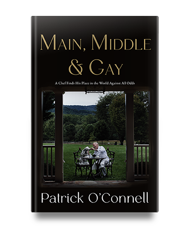 Book cover of “Main, Middle & Gay” by Patrick O’Connell, showing a chef at a table outdoors with trees.