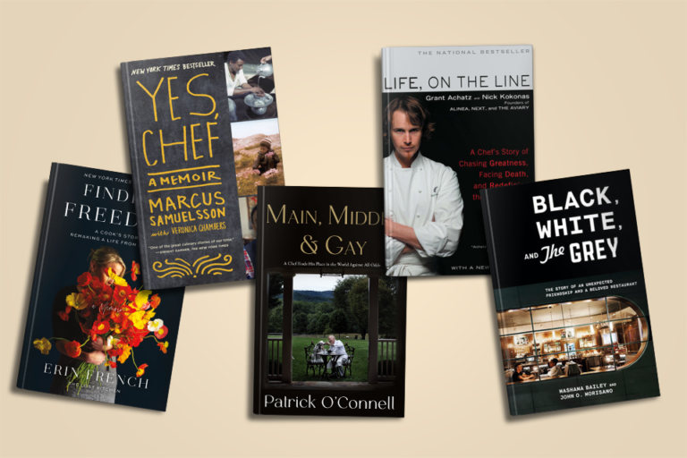 Five chef memoir books arranged on a beige background, each showing its colorful cover.