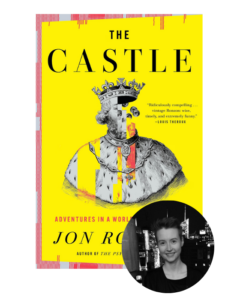 Yellow book cover titled “The Castle” with a crowned figure, and a small photo of a smiling person below.