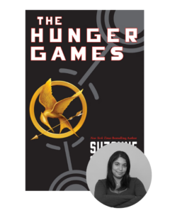 The Hunger Games book cover with a mockingjay pin and a grayscale photo of a woman in the corner.
