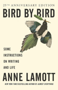Book cover for Bird by Bird by Anne Lamott, featuring an illustration of a bird holding a quill pen.