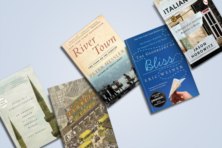 Five travel-themed books arranged on a light background.
