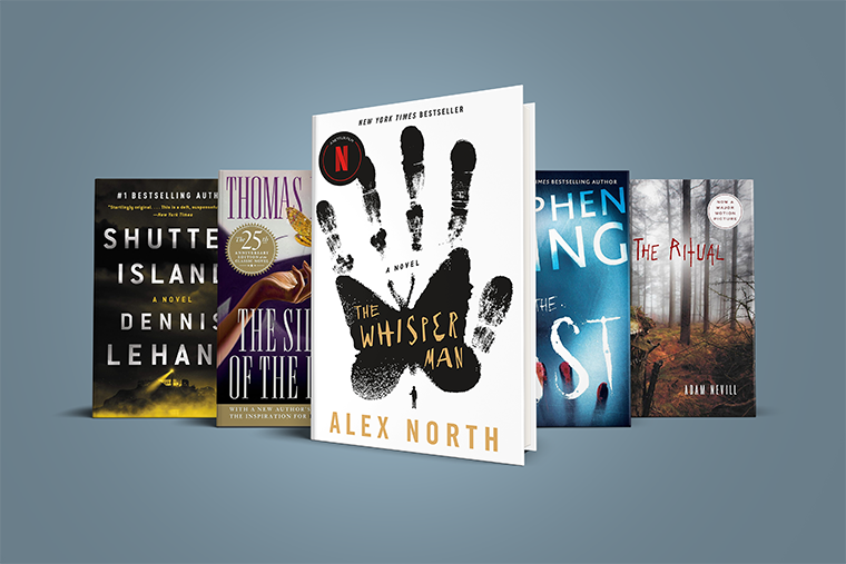 Five thriller novels lined up, featuring “The Whisper Man” by Alex North in the foreground.