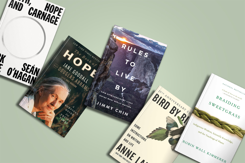 Five book covers, including Hope, Rules to Live By, Bird by Bird, and Braiding Sweetgrass.